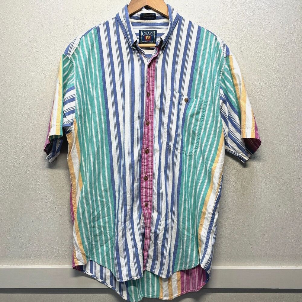 Vtg Chaps Ralph Lauren 100% Cotton Striped Short Sleeve Button Up Men's Sz L